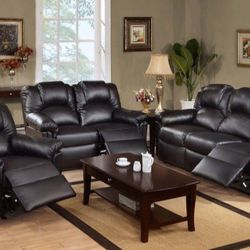 Brand New 3pc Black Leather Reclining Sofa Set 