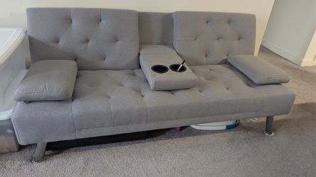 Grey Futon Sofa Bed with Cup Holders - Converts to Bed