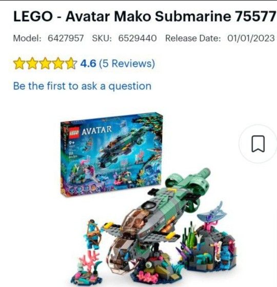 New Unopened Lego Avatar Mako Submarine Building Set Toy Jugete De