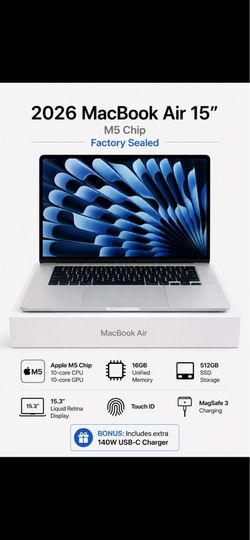 💻 15” NEW Apple MacBook Air M5 • 16GB • 512GB • Silver (2026)