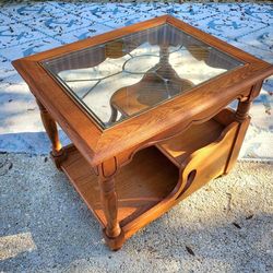 Mid Century Solid Oak End Table with Glass Top made USA