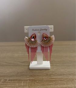 Pink Teardrop Glass Rhinestone Tassel Statement Earrings New