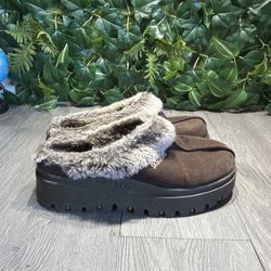 Vtg y2k Skechers Slipper Womens Size 9.5 Clog Brown Leather Faux Fur Slip On