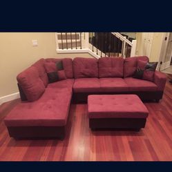 Red Microfiber Sectional Couch And Ottoman