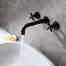 Melro Traditional Wall Mounted Cross Handles Brass Bathroom Sink Faucet In Matte Black