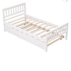 DeeHome Twin Bed with Trundle, Platform Bed Frame with Headboard and Footboard, for Bedroom Small Living Space,No Box Spring Needed,White(New