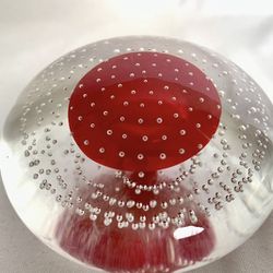 Vtg, MCM, Mid Century Modern,  Art Glass paperweight red with controlled bubbles