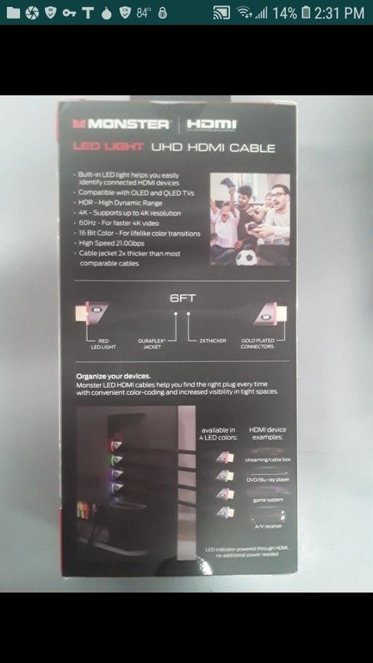 Brand new 6ft HDMI cable with red LED light color coding