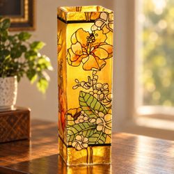 Hand Painted Mosaic Style Raised Floral Amber Glass Tall Square Decorative Vase