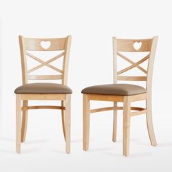 Livinia Heart X-Back Dining Chair Set of 2, Solid Malaysian Oak PU Leather Upholstered Cushion Seat Wooden Cross Back Side Chairs (Natural-Oak)