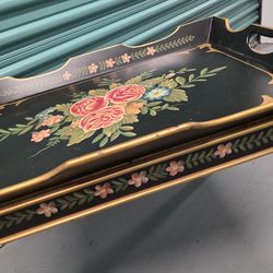 Vintage hand painted black lacquered tray or game table