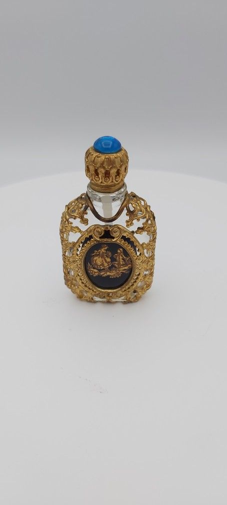 Beautiful Vintage 2.5" Perfume Bottle With Gold Tone Filigree & Blue Gem Stone On Top