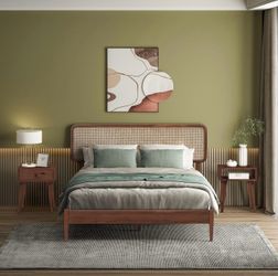 Queen Cane Bed Frame + 2 Matching Nightstands | Mid-Century Modern | Like New