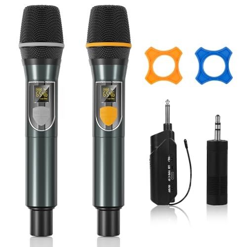 Wireless Microphones, Professional UHF Dual Microphones for Karaoke, Wireless Dynamic Microphone System Set with Rechargeable Receiver,Plug and Play,