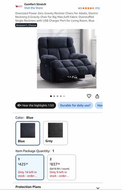 Oversized Power Zero Gravity Recliner Chairs for Adults, Electric Reclining O Gravity Chair for Big Man, Soft Fabric Overstuffed Single Recliners with