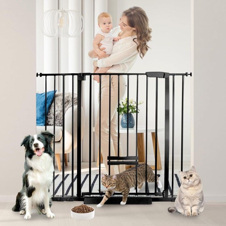 30 Inch Tall Baby Gate with Small Cat Door, Adjustable Auto Close Dog Gate Easy Walk Thru Pet Door for Stairs, Doorway, House (Black, 29.52"-43.71")