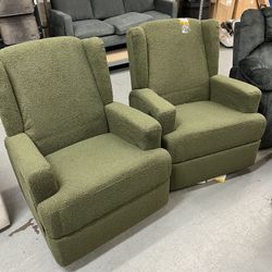 Luxury Green Teddy Fabric Wingback Manual Swivel Recliner with Rocking(Set of 2)
