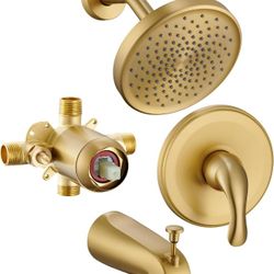Brushed Gold Shower Tub Faucet Set With Valve - Gold Shower Head and Handle Set, Shower Faucet Set With 6 Inch Rain shower Head and Tub Spout, High-Pr