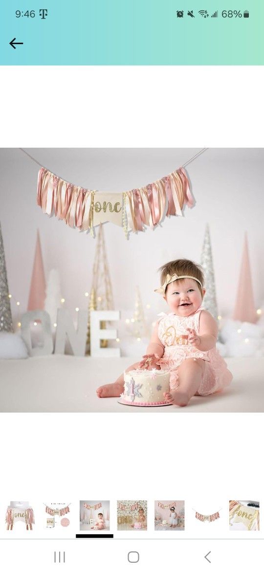 Pink Gold One Highchair Banner - Pink Birthday Party Decoration, Gold One High Chair Banner For 1st Birthday Girl, Cake Smash Photo Prop, Baby Shower 