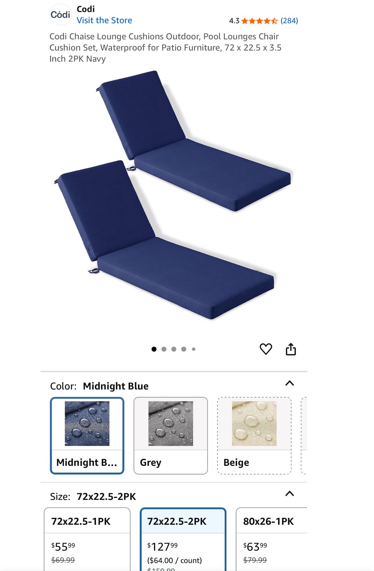 Codi Chaise Lounge Cushions Outdoor, Pool Lounges Chair Cushion Set, Waterproof for Patio Furniture, 72 x 22.5 x 3.5 Inch 2PK Navy