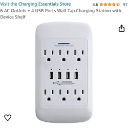 6 AC Outlets + 4 USB Ports Wall Tap Charging Station with Device Shelf Charger iPhone 