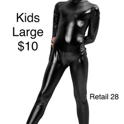 Black Shiny BodySuit Unitard Zentai Kids Costume Large / Traje de Cuerpo Niños Grande