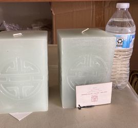 Pair Of Asian Themed Light Green Large Candle Blocks By Austin 6”x4”