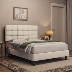 Full Upholstered Bed Frame, Platform Bed Frame with Square Tufted Fabric Headboard Height Adjustable, Wooden Slats Support, No Box Spring Needed, Bei