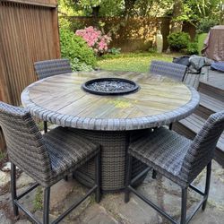 Round Hightop Outdoor Dining Table with Propane Fire Pit in the Center 