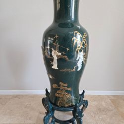 Large Chinese Floor Vase with Ornate Stand - Emerald Green, Gold Detail and Raised Figures