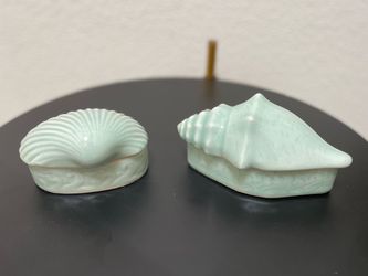 Pair of Vintage Chinese Celadon Glazed Porcelain Shell Trinket Boxes