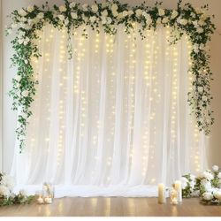 Fomcet White Tulle Backdrop Curtains with Lights String 10FT X 10FT Sheer Curtains with Lights Tulle Curtains Backdrop for Wedding Birthday Party Phot