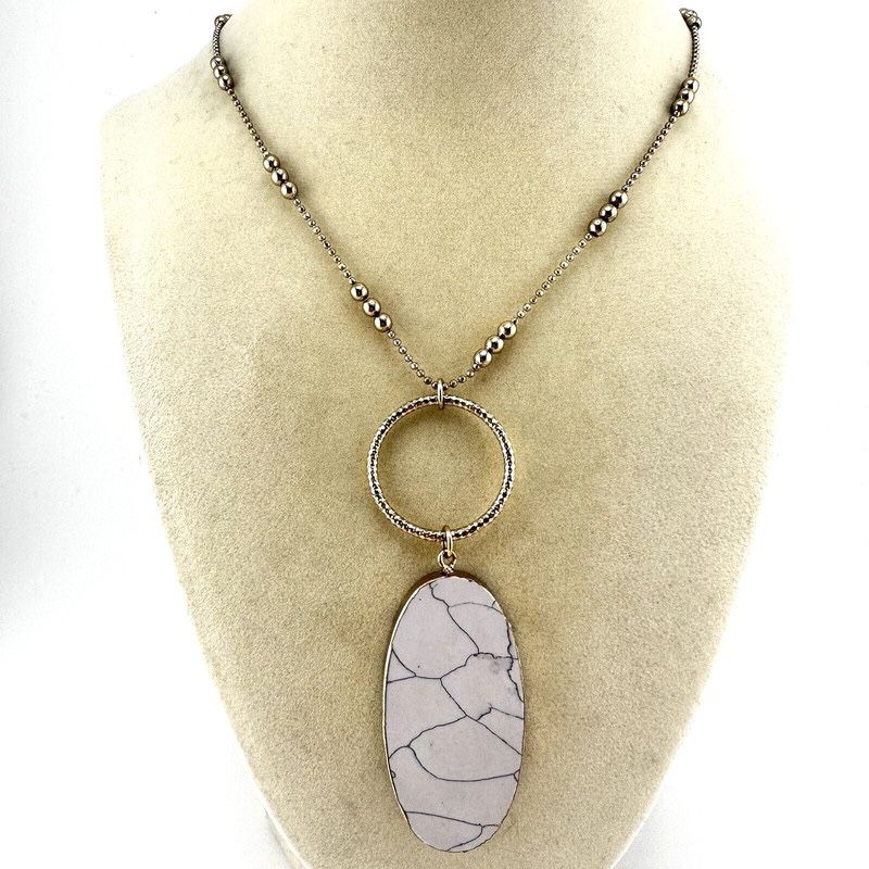 Glass Faux Stone White Gray Foil Y-Drop Gold Tone 36” Necklace