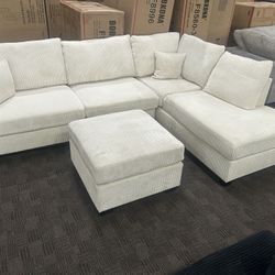 Cream Sectional With Chaise Lounge And Ottoman 