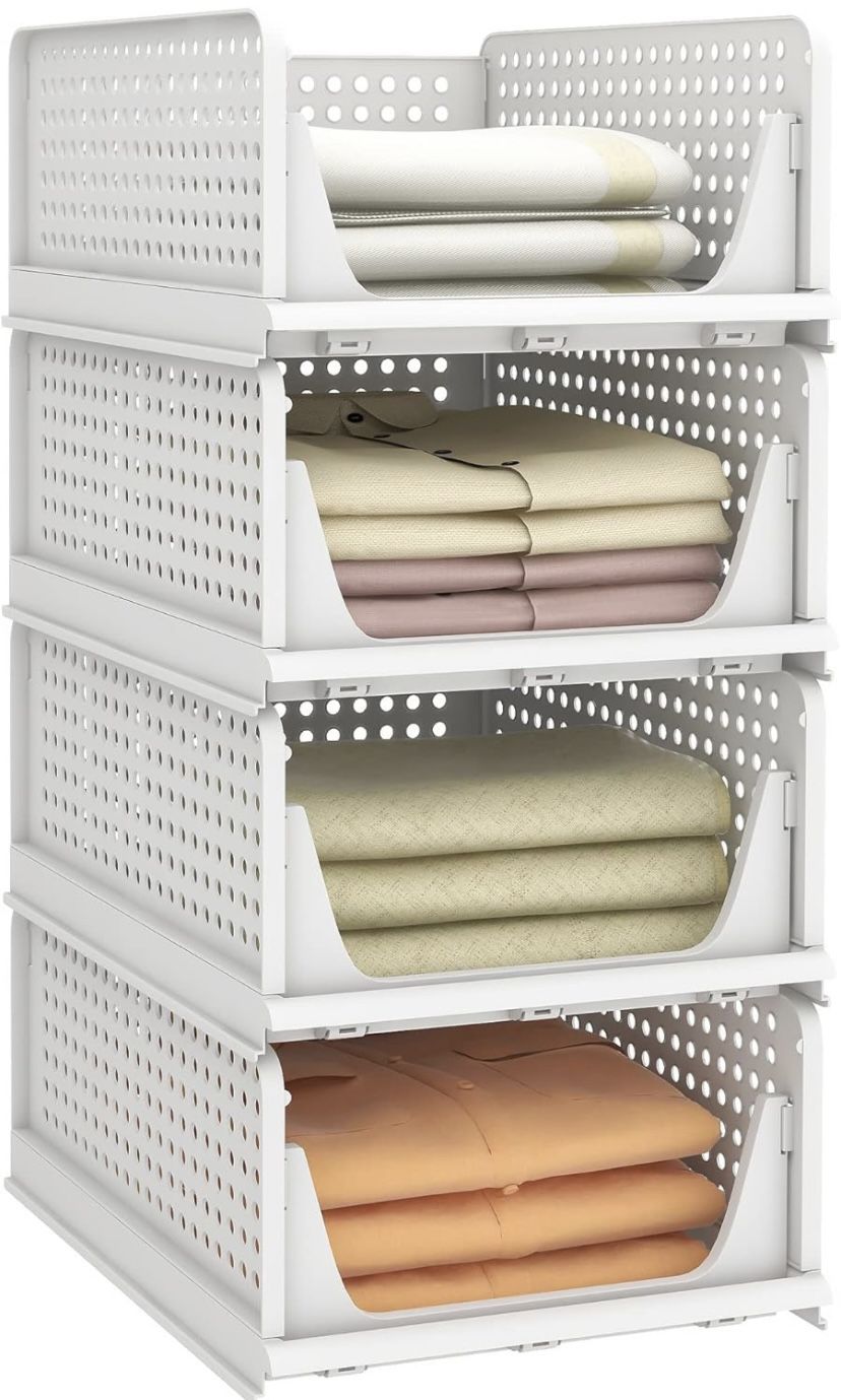 Stackable Plastic Storage Basket-Foldable Closet Organizers and Storage Bins 4 Pack