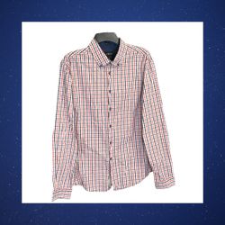 Marc Ecko White, Navy, Orange Plaid Button Shirt Slim Fit Men Large