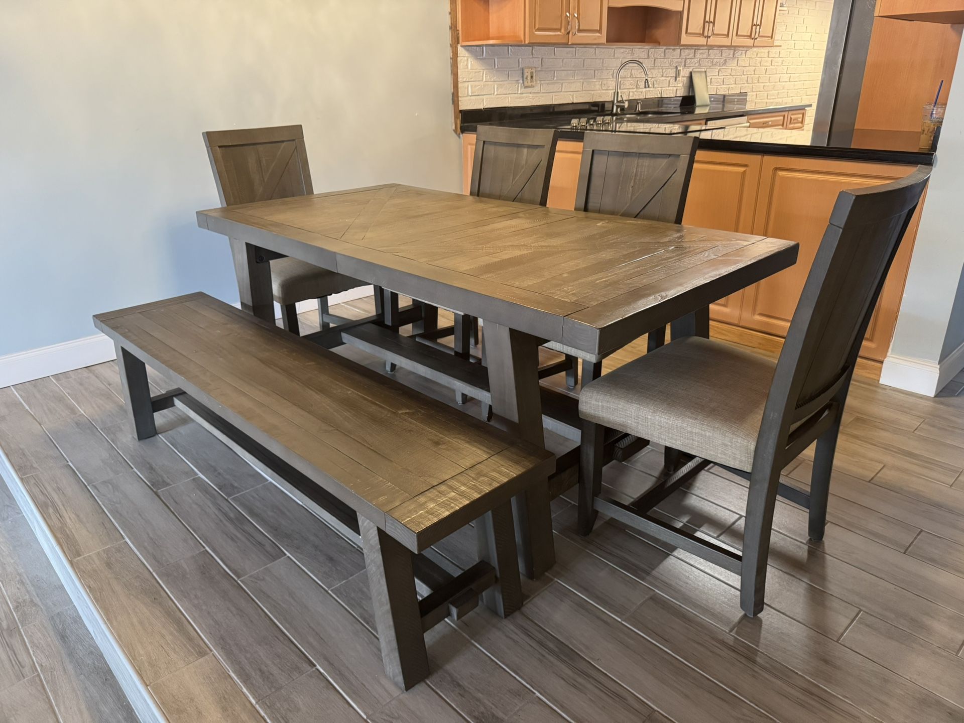 Wood Dining Table With Four Chairs & Bench