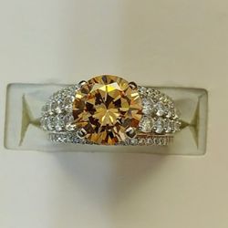 Champagne/White Round CZ Rhodium over Sterling Silver Ring (NWT)