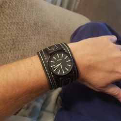 Mens Leather Watch Cuff Nixon Blk White Stitching 