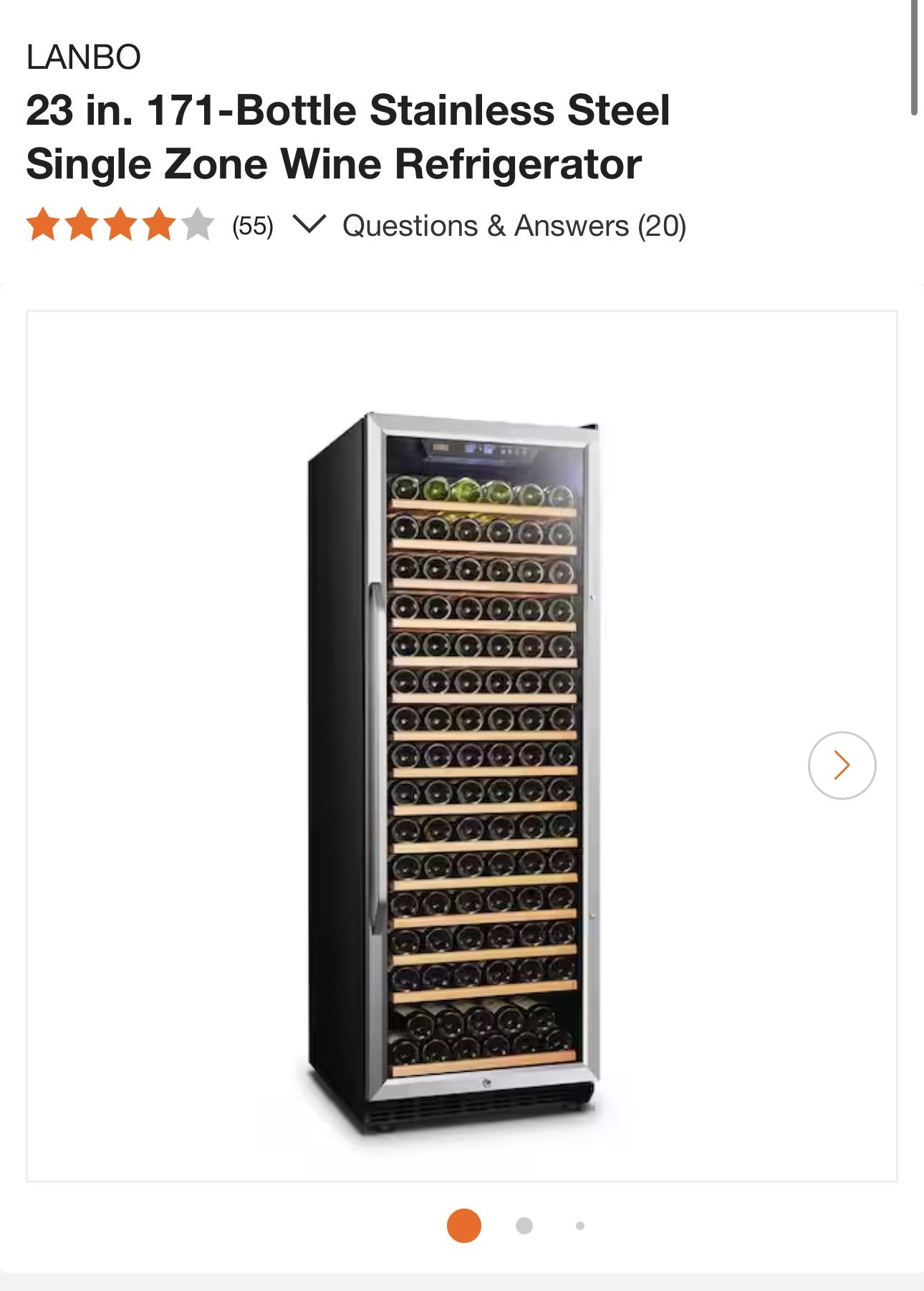 LANBO 23 in. 171-Bottle Stainless Steel Single Zone Wine Refrigerator