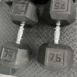Pair Of 75lb Rubber Hex Dumbbells Total 150lb