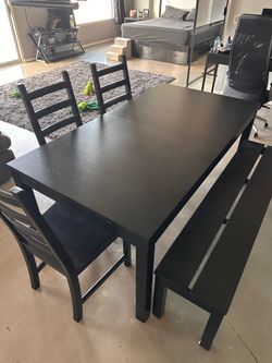 Black Dining Table Set — Table, Bench + 3 Chairs
