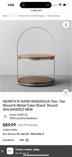 HEARTH & HAND MAGNOLIA Two -Tier Wood & Metal Cake Stand Round GALVANIZED