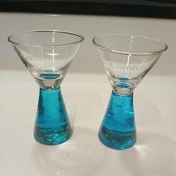 Pair Of Vintage Carnival Cruise Souvenir Shot Glasses  W/ Bubble Stem Cobalt Blue (Like New)