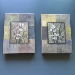 Canvas Flower Paintings Set Of Two 8 In. By 6 In. White & Green Flowers Wall Art Beautiful