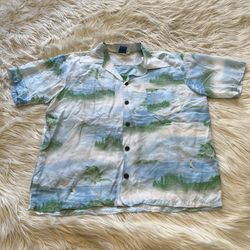 Vintage 80s OP Ocean Pacific Sunwear Watercolor Hawaiian Shirt Palm Tree Size L