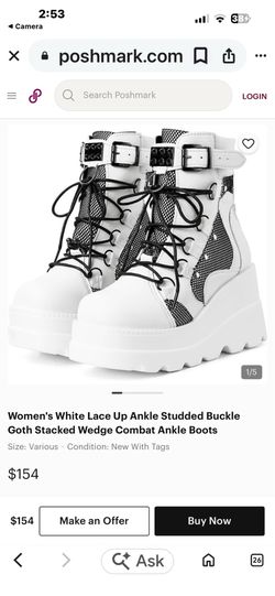 Women's White Lace Up Ankle Studded Buckle Goth Stacked Wedge Combat Ankle Boots