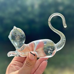 Art Glass Cat Paperweight Figurine Crystal Clear 80s Vintage - Signed By Artist