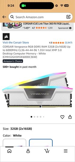 CORSAIR Vengeance RGB DDR5 RAM 32GB (2x16GB) Up to 6000MHz CL36-44-44-96 1.35V Intel XMP 3.0 Desktop Computer Memory - White (CMH32GX5M2E6000C36W)