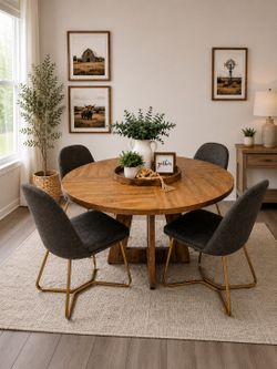 Brand New Modern Farmhouse Round Dining Set – Table + 4 Upholstered Chairs